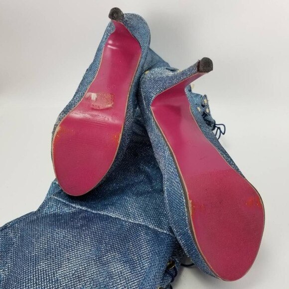 Ami Clubwear Metallic Blue Glitter Knee-High Platform Heel Boots Sparkle Size 9 - Picture 10 of 12